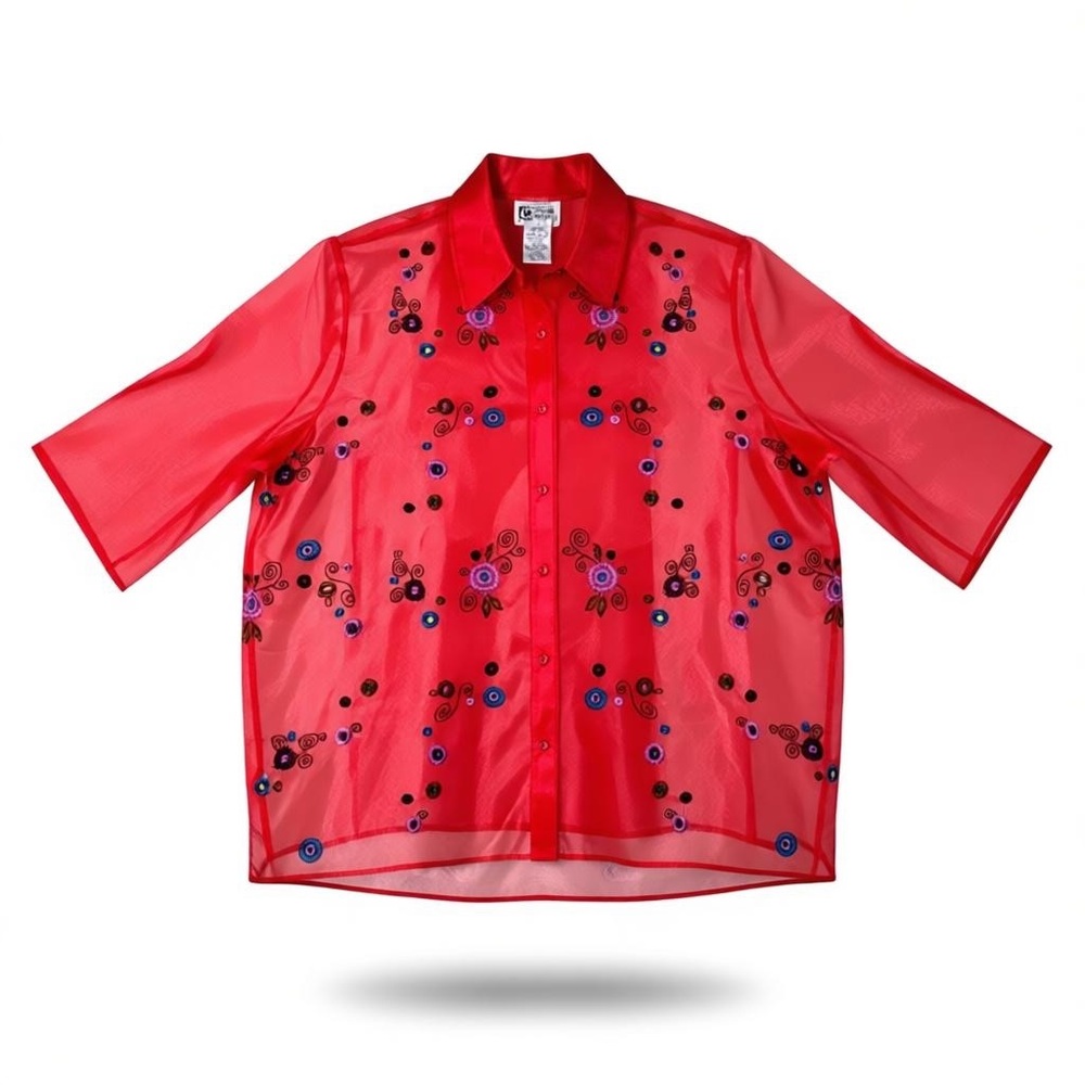 Vintage Women's Pink/RedFloral Embroidered organza topper blouse Petite 3X artsy